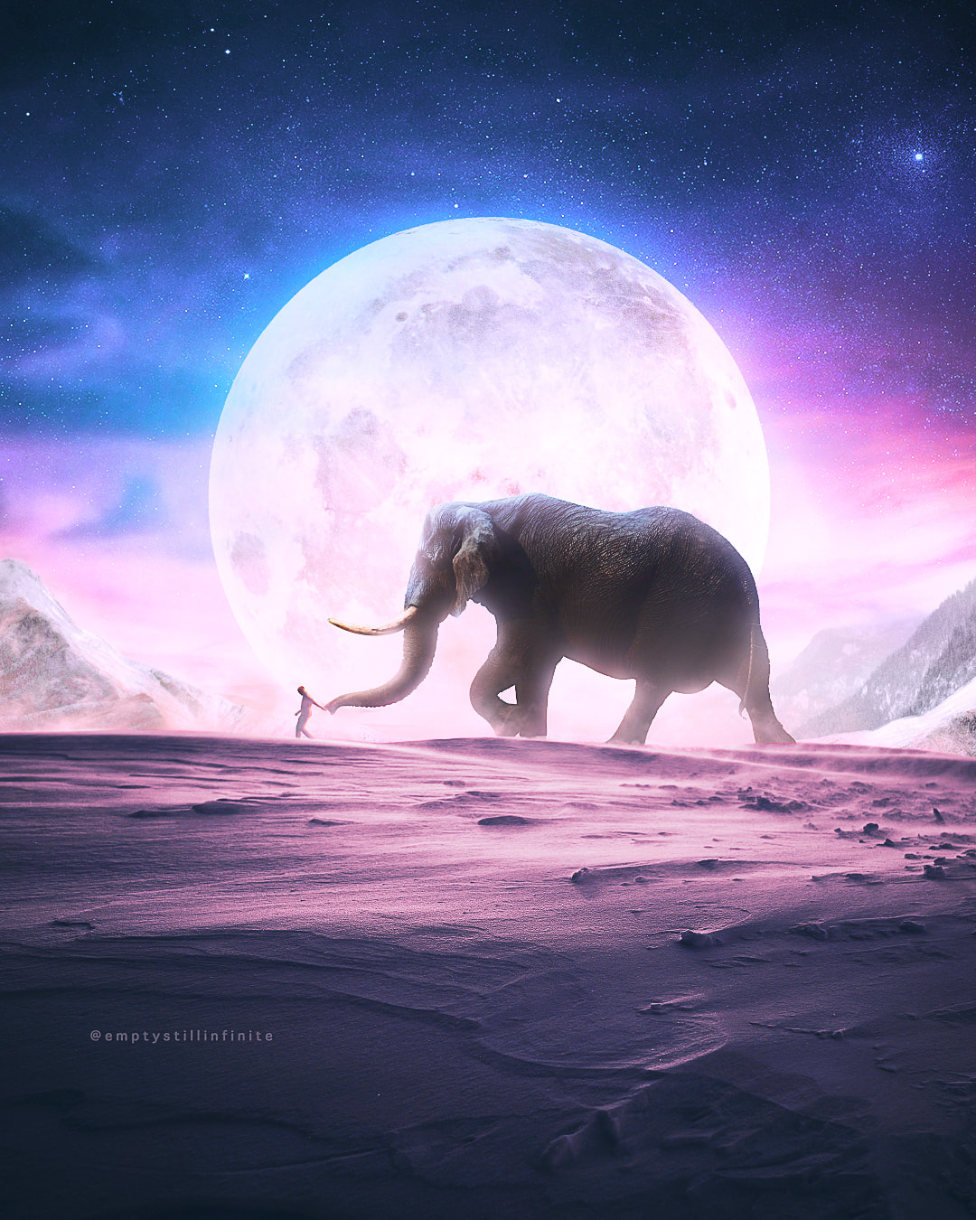 Picture Fictional image of man walking alongside an elephant on a purple pink moon sky