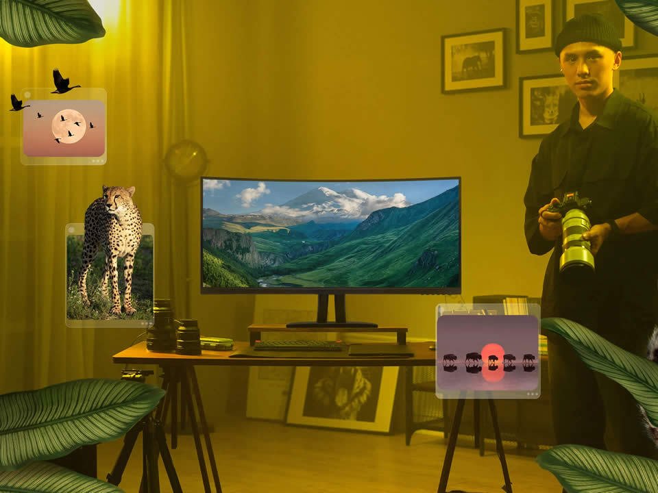Creative studio setup using a ViewSonic ultrawide monitor for photo editing, video review, and content creation.