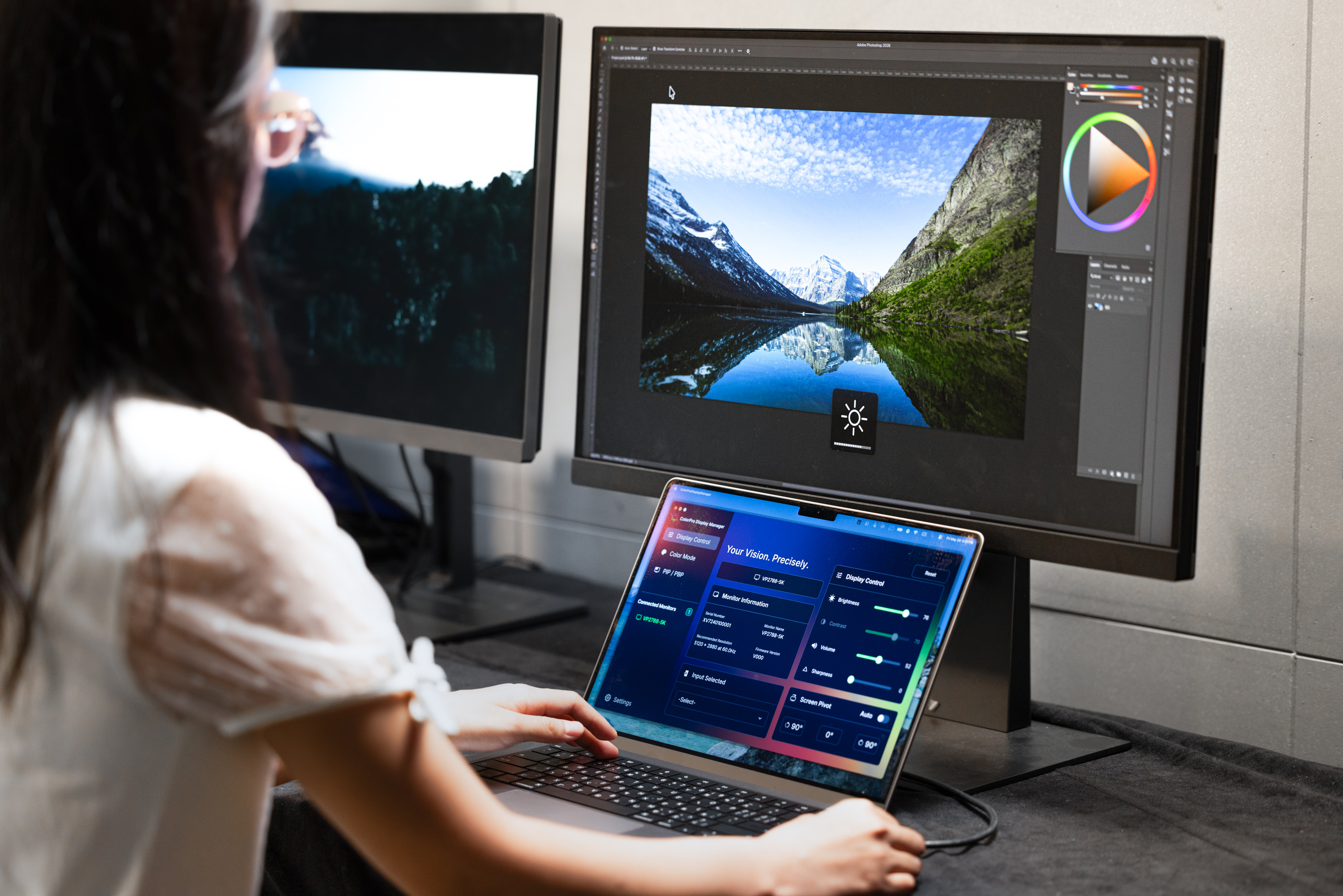 ViewSonic’s ColorPro® VP88 Series Professional Monitors, featuring up to 5K resolution, wide DCI-P3 color coverage, Thunderbolt™ 4 connectivity, and seamless macOS integration. With Mac-to-Monitor Control (ColorPro Display Manager), users can control display settings directly from their Mac for a more streamlined and efficient creative workflow.​ 