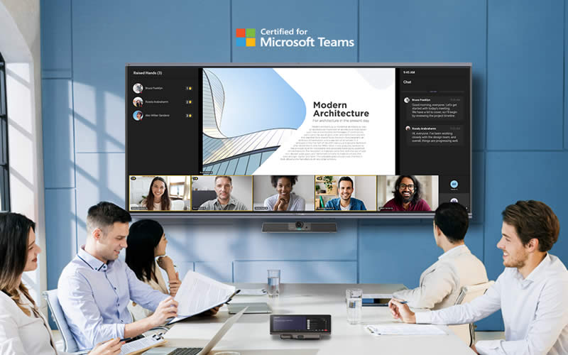 Team in a conference room having a hybrid meeting using the ViewSonic TeamJoin Microsoft Teams Rooms solution.