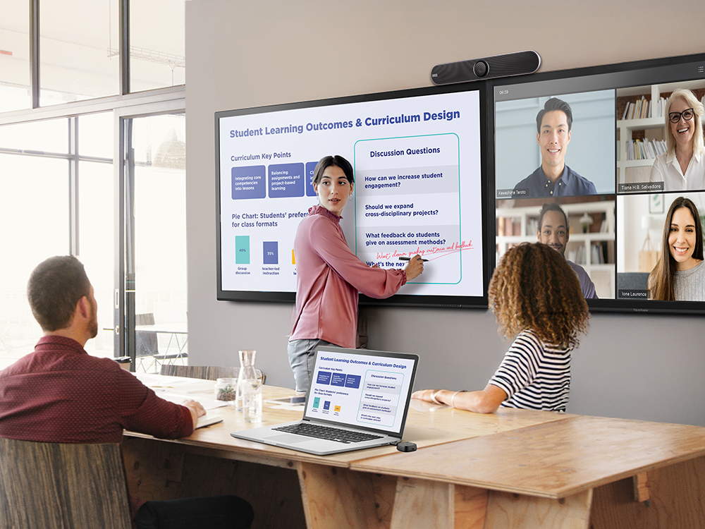 Faculty and staff in a hybrid meeting using ViewSonic display with TeamJoin