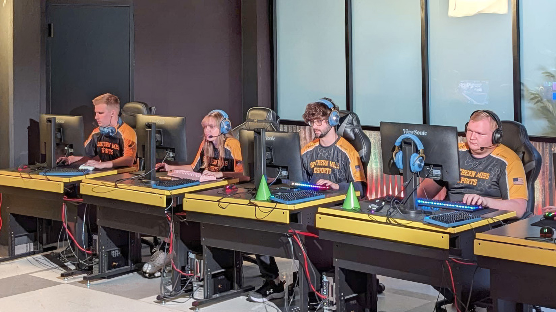 Southern Miss Esports team gaming on ViewSonic gaming monitors.