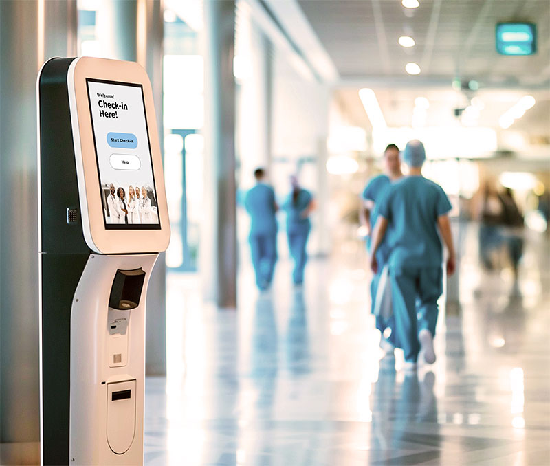 Nurse using a bedside diagnostic system with a custom open frame touchscreen display