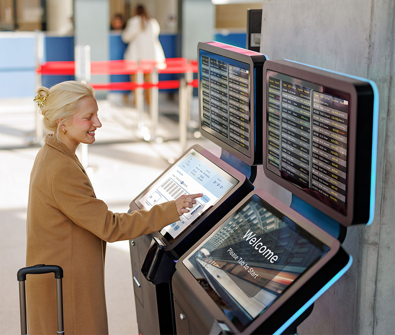 Open frame touchscreen kiosk at a public bus stop for ticketing and wayfinding