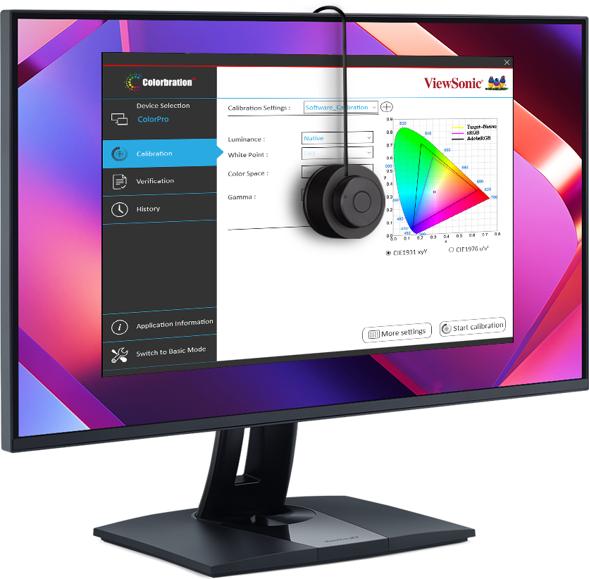 ViewSonic ColorPro VP2768A-2 monitor with hardware calibrator.​​
