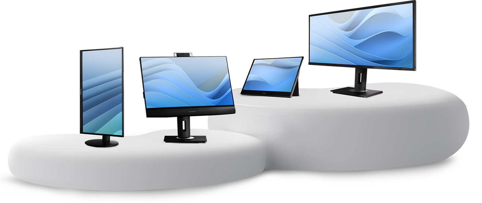 Four ViewSonic business monitors are displayed on white platforms against a futuristic background.