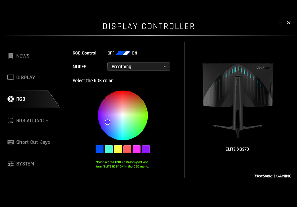 RGB lighting customization settings for a gaming monitor.