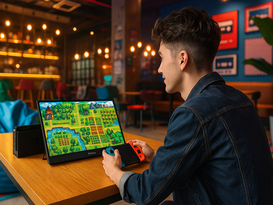Gamer playing comfortably anywhere with a portable gaming monitor.