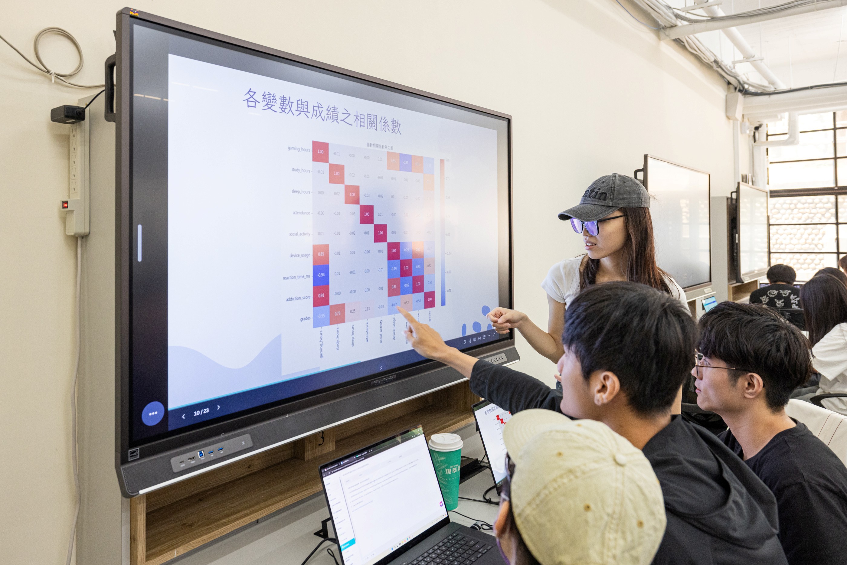 AI NB教室依據AI課程需求，規劃多組協作討論區，搭配ViewSonic ViewBoard互動顯示器，支援學生分組討論、師生共同協作及即時成果分享，營造更具互動性的AI學習環境。
