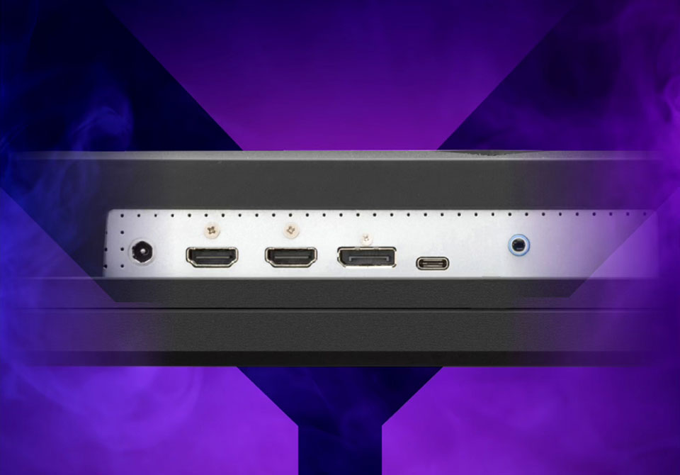 Крупний план портів ігрового монітора, включно з HDMI, DisplayPort та USB-C.